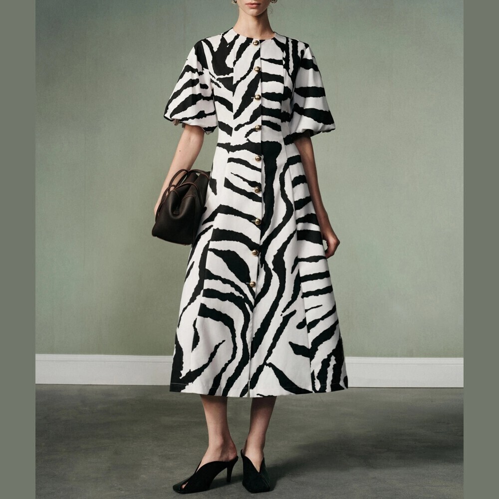 Black / White Swirl Zebra Print Puff Sleeve Button Front Midi Dress
